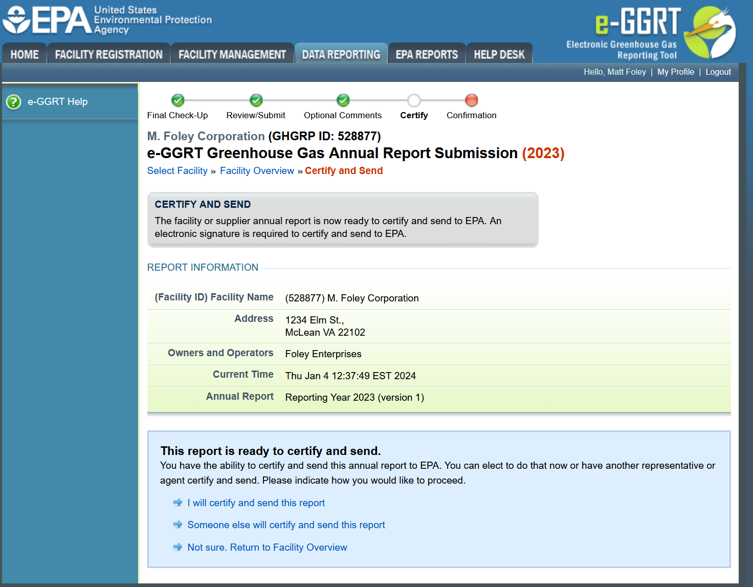 On the CERTIFY AND SEND page, click one of the three options